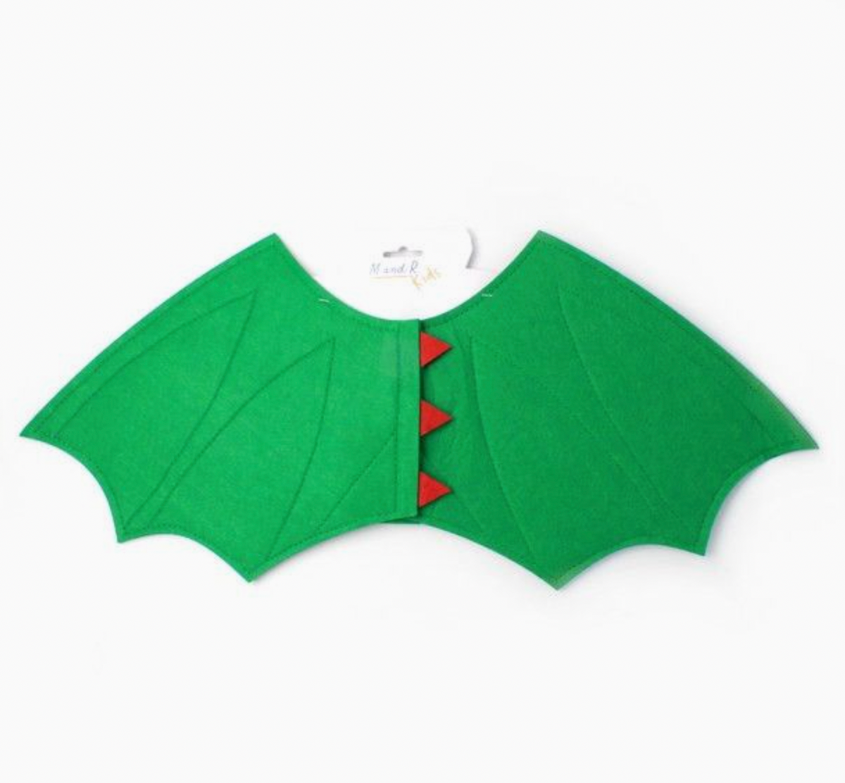 Green dragon costume wings by Molly & Rose, a pair of polyester dress-up wings with matching green elastic straps.