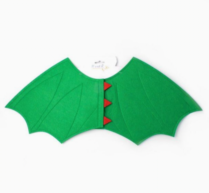 Green dragon costume wings by Molly & Rose, a pair of polyester dress-up wings with matching green elastic straps.