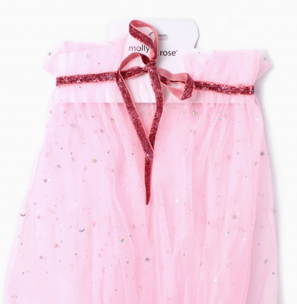 Pink Molly & Rose children’s net cape laid flat, showing the ruffle collar and neck tie, with glitter stars across the 100% polyester cape.