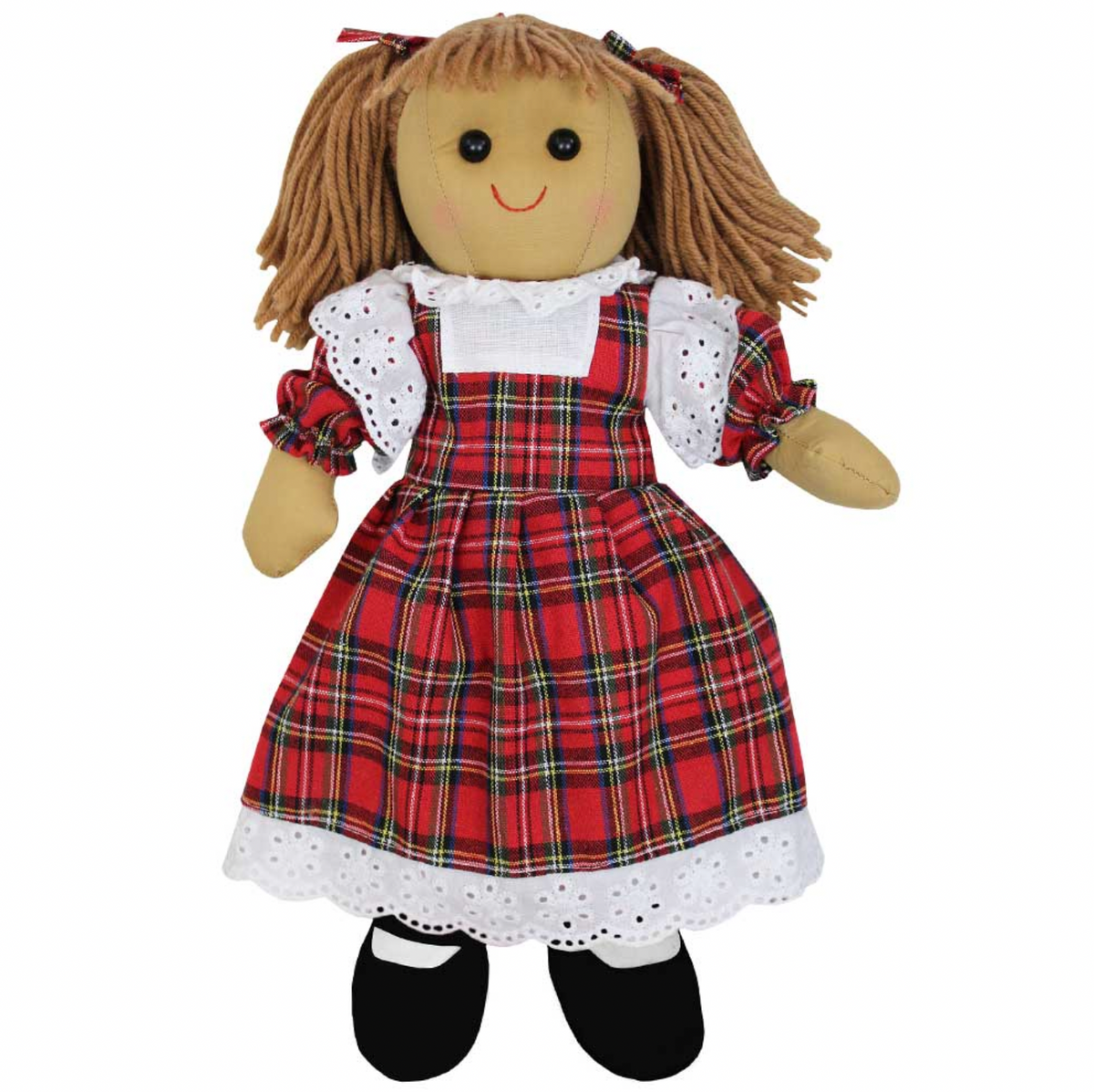 Powell Craft 40 cm rag doll standing against a plain white background in a red tartan dress trimmed with white broderie anglaise lace, black shoes and brown hair in bunches tied with tartan bows