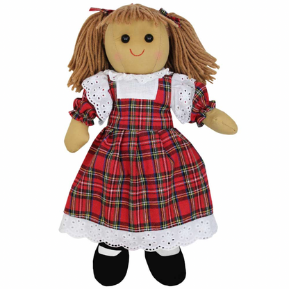 Powell Craft 40 cm rag doll standing against a plain white background in a red tartan dress trimmed with white broderie anglaise lace, black shoes and brown hair in bunches tied with tartan bows