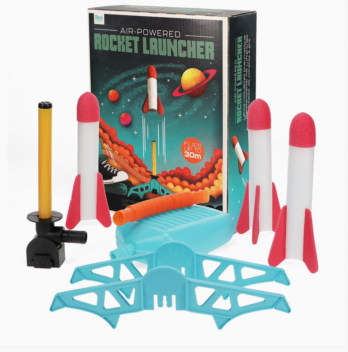 Air-powered rocket set by Rex London for garden or park play; assemble the launcher, place a foam rocket on the tube and stomp the pump.