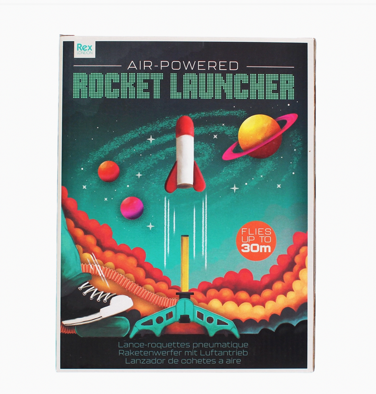 Rex London air-powered rocket set with a foot-operated launcher and three foam rockets for outdoor play; suitable for children aged 3 years and over.