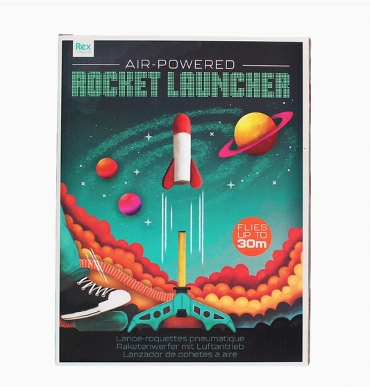 Rex London air-powered rocket set with a foot-operated launcher and three foam rockets for outdoor play; suitable for children aged 3 years and over.