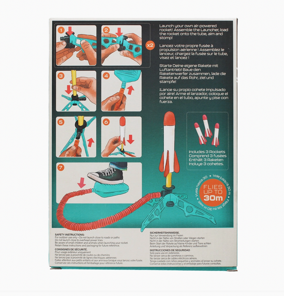 Rex London stomp rocket toy, supplied with a launcher and three foam rockets; the foot pump sends rockets into the air outdoors.