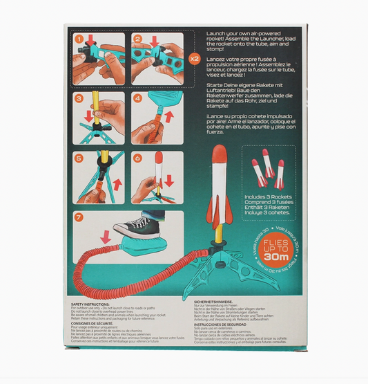 Rex London stomp rocket toy, supplied with a launcher and three foam rockets; the foot pump sends rockets into the air outdoors.