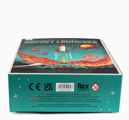 Rex London outdoor rocket launcher set with three foam rockets; rockets can reach up to 30 metres high when launched by the foot pump.