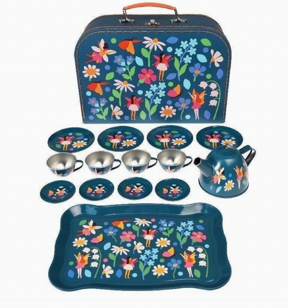 Rex London Fairies in the Garden 14-piece metal tin toy tea set, decorated with fairies, flowers and butterflies, with a matching cardboard case.