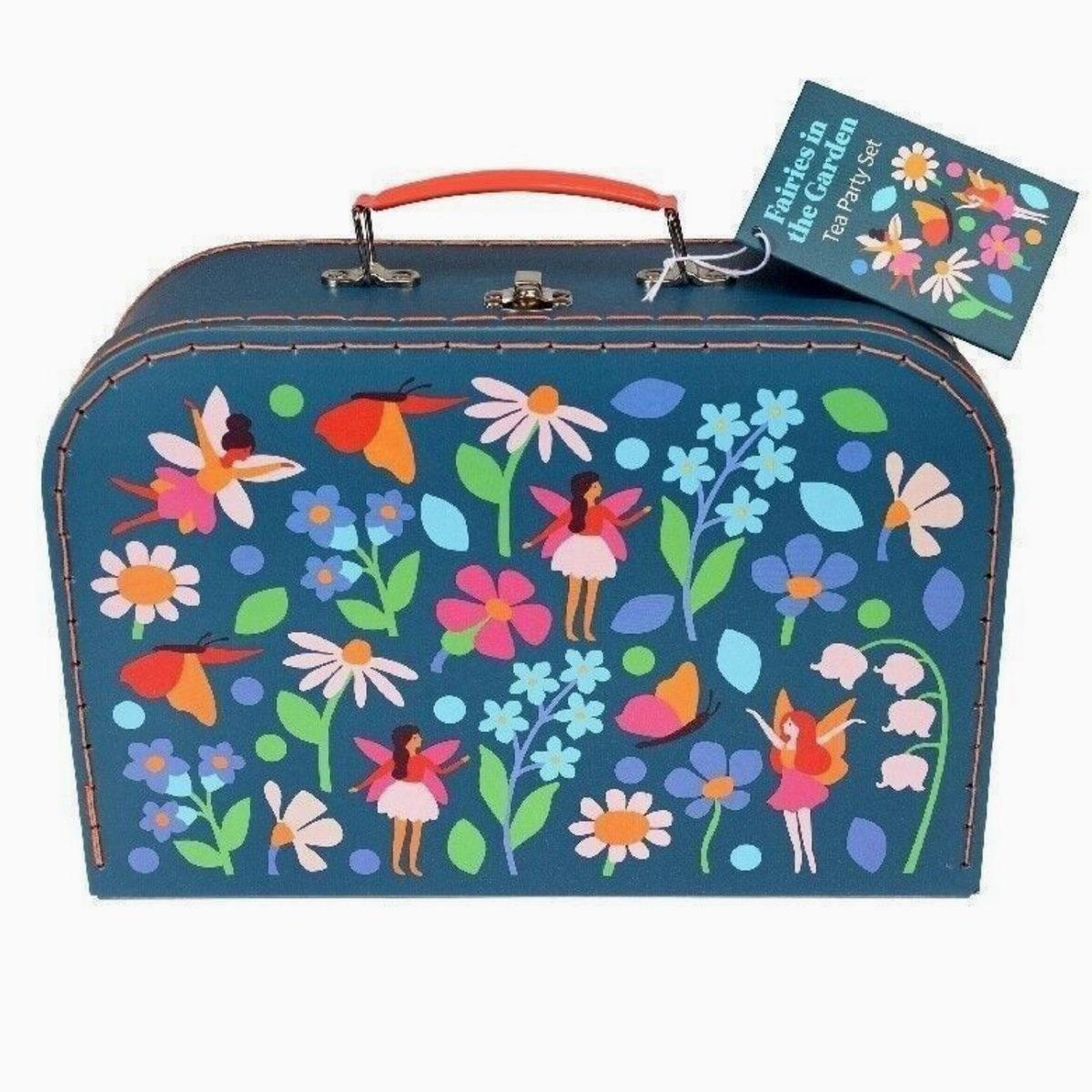 Fairies in the Garden tin tea party set in a cardboard case decorated with fairies among flowers and butterflies; Rex London toy for ages 3 and over.⠋
