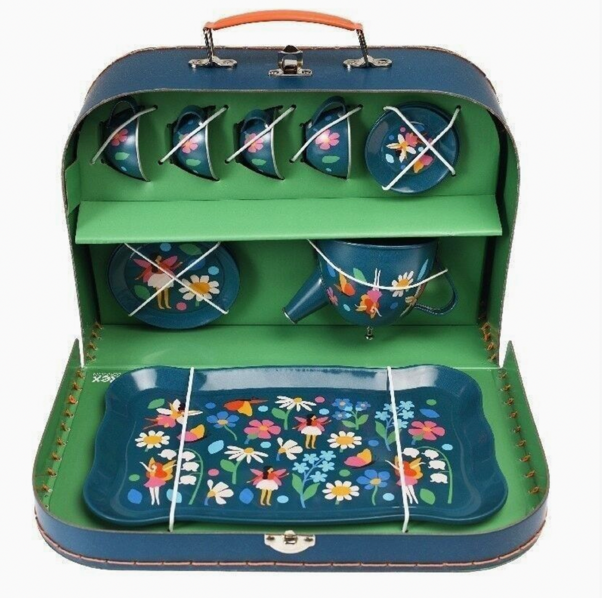 Rex London Fairies in the Garden pretend-play tea set, 14 tin pieces including a teapot, serving tray, cups, saucers and plates.