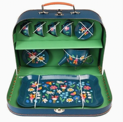 Rex London Fairies in the Garden pretend-play tea set, 14 tin pieces including a teapot, serving tray, cups, saucers and plates.