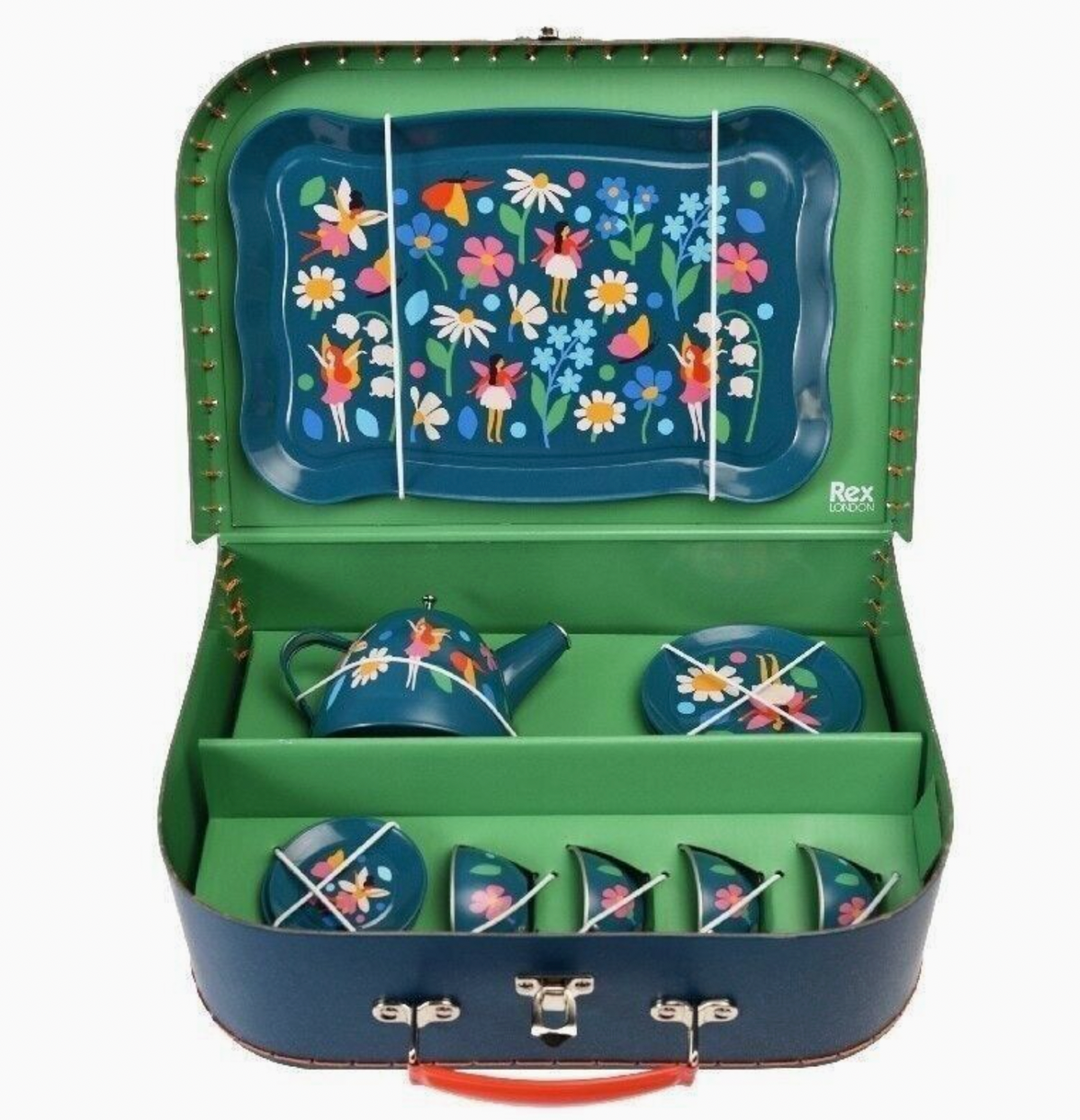 Fairies in the Garden toy tea party set by Rex London; the set contains four cups, four saucers, four plates, a teapot and a serving tray.