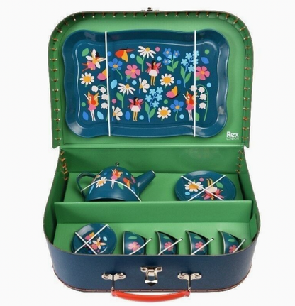 Fairies in the Garden toy tea party set by Rex London; the set contains four cups, four saucers, four plates, a teapot and a serving tray.