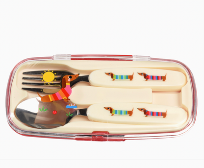 Two-piece sausage dog cutlery set for children by Rex London; the fork and spoon each measure approximately 13.5 cm long.