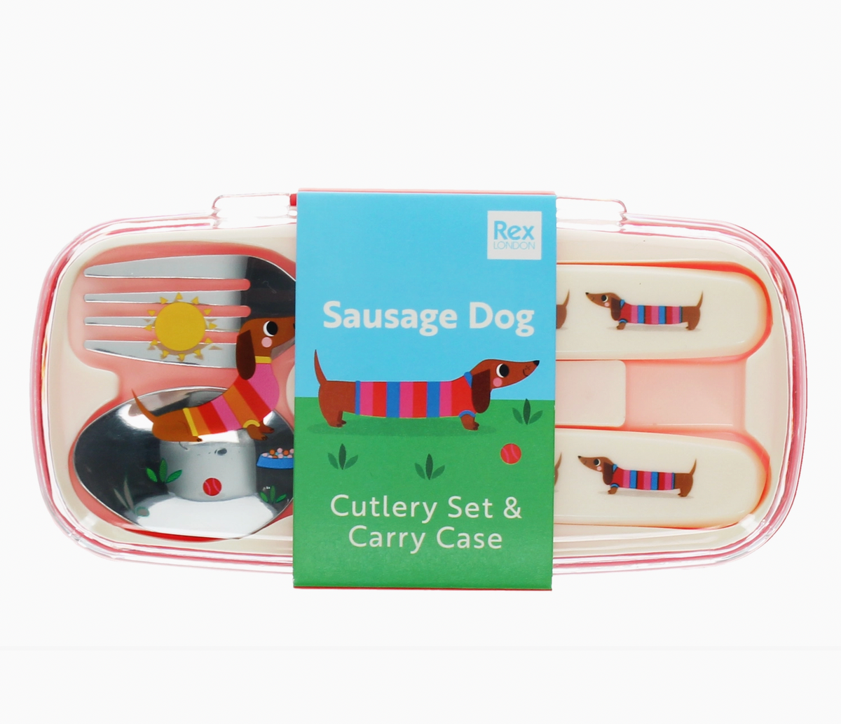 Rex London sausage dog children's fork and spoon with a portable case measuring approximately 15 × 7.6 × 1.9 cm.