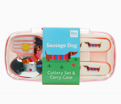 Rex London sausage dog children's fork and spoon with a portable case measuring approximately 15 × 7.6 × 1.9 cm.
