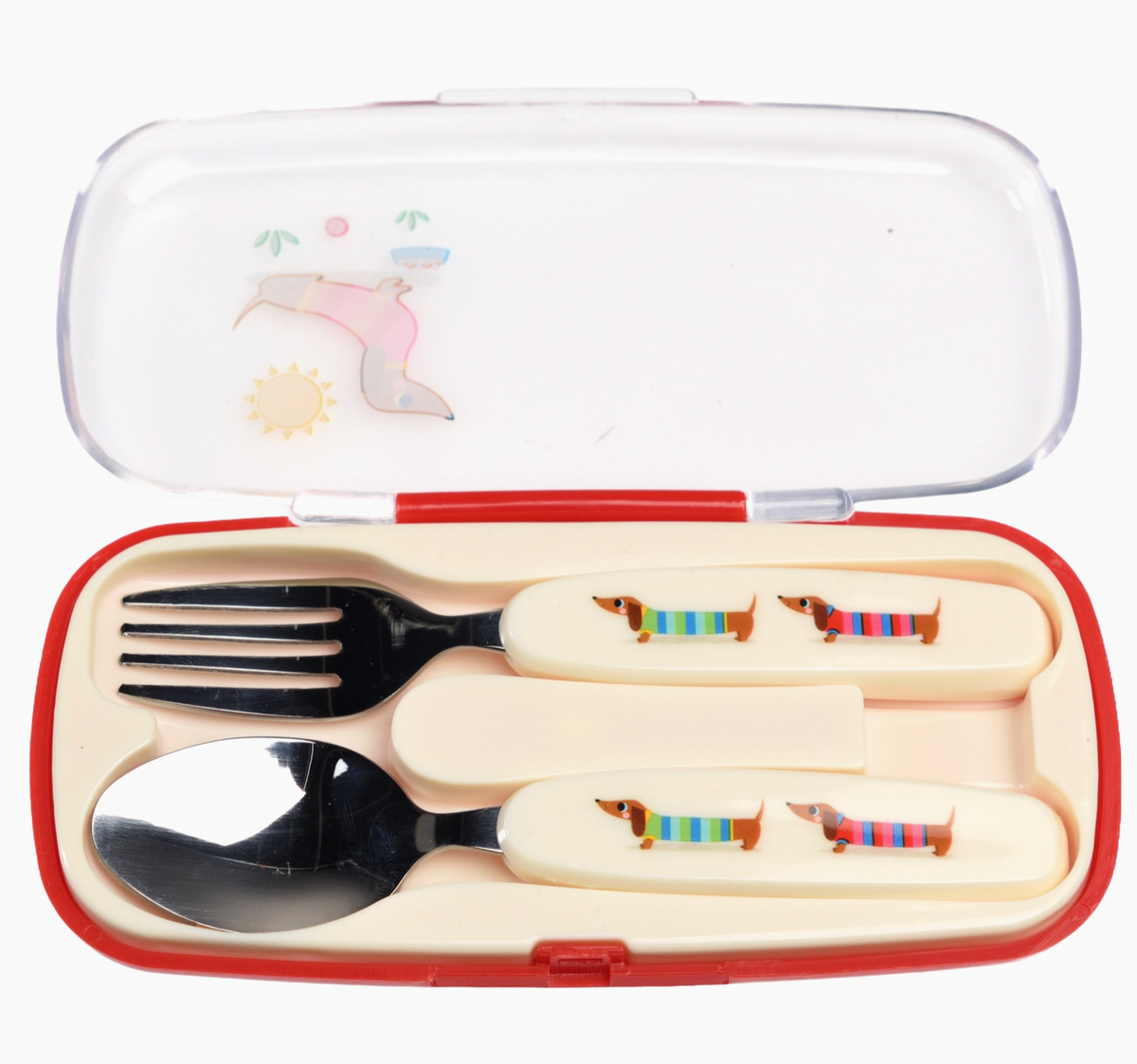 Rex London children's sausage dog cutlery set with a fork and spoon featuring sausage dogs on the handles, supplied with a carrying case.
