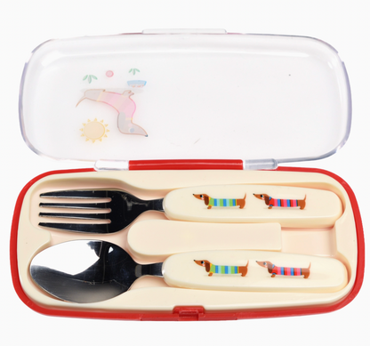 Rex London children's sausage dog cutlery set with a fork and spoon featuring sausage dogs on the handles, supplied with a carrying case.