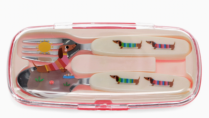 Children's sausage dog cutlery set by Rex London with a fork, spoon and carrying case; food safe and dishwasher safe.