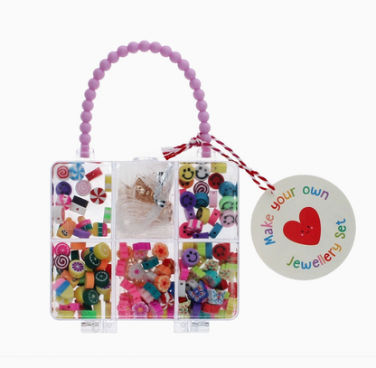 Rex London Make Your Own Jewellery Set with approximately 100 assorted beads, 12 hooks and clasps, and 2 metres of elastic in a handbag-shaped case.
