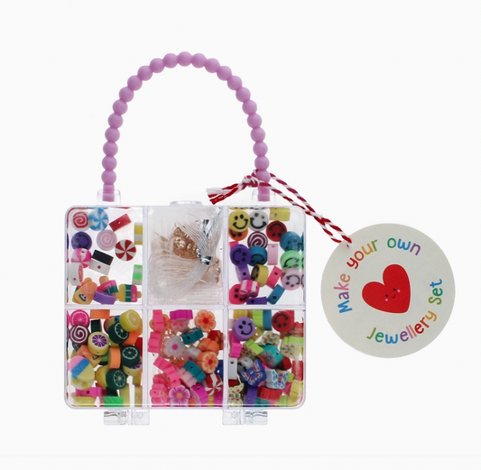 Rex London Make Your Own Jewellery Set with approximately 100 assorted beads, 12 hooks and clasps, and 2 metres of elastic in a handbag-shaped case.