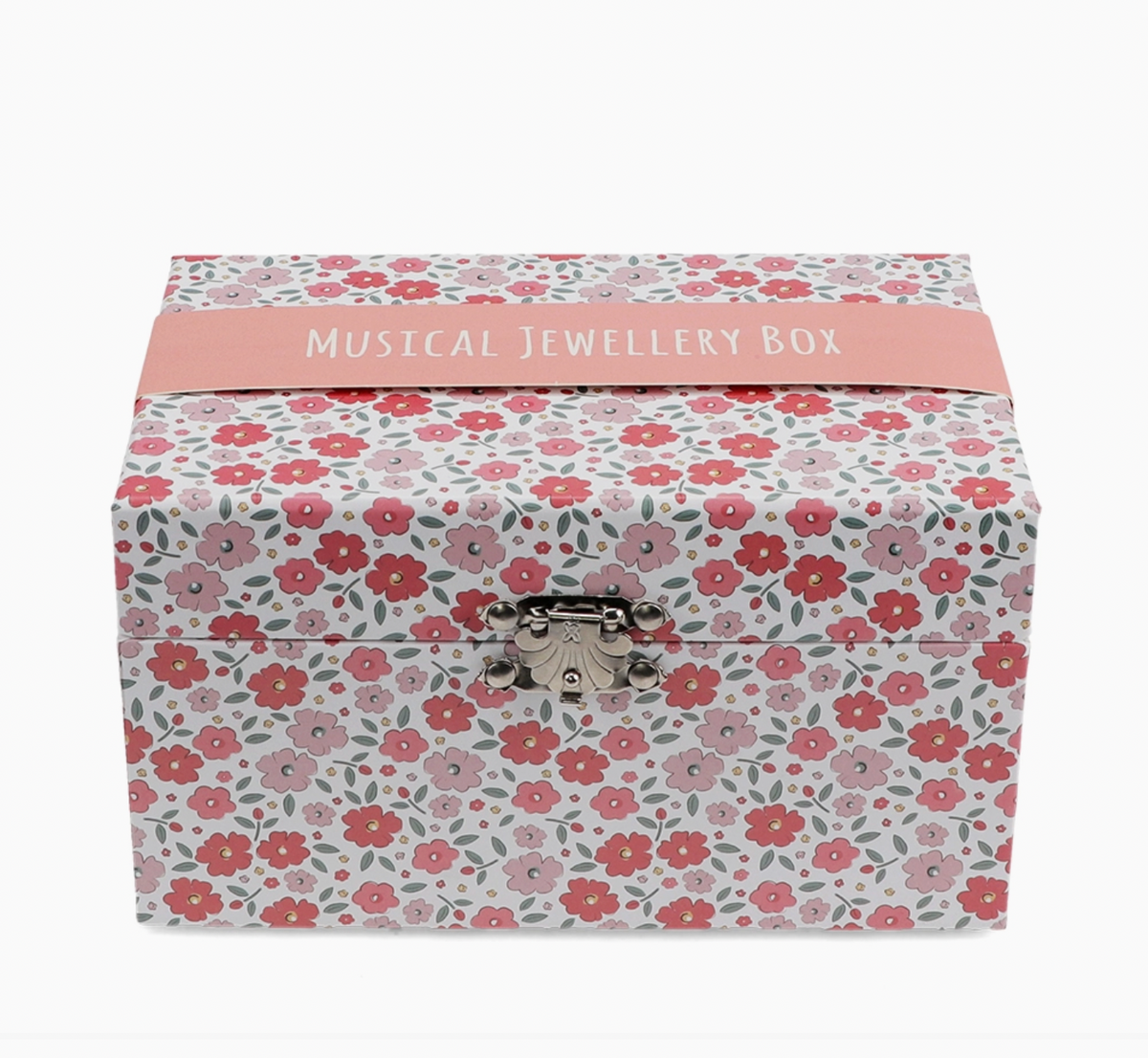 Rex London musical ballerina jewellery box in white with the pink-toned Tilde floral print; clockwork box plays Swan Lake when opened.