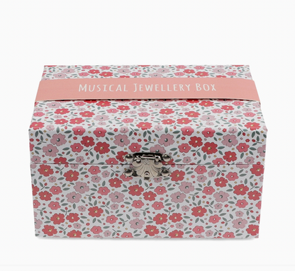 Rex London musical ballerina jewellery box in white with the pink-toned Tilde floral print; clockwork box plays Swan Lake when opened.