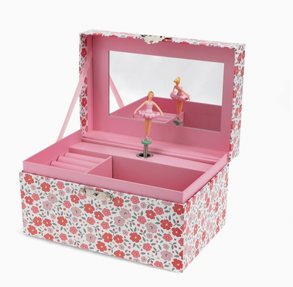 Rex London children's jewellery box with a rectangular mirror inside the lid, a spinning princess figurine and a compartment for keepsakes.