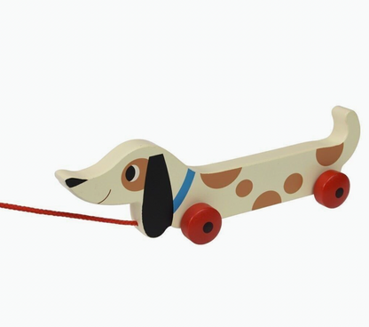 Charlie the pull-along sausage dog by Rex London, a wooden animal toy for toddlers with a string for pulling along.