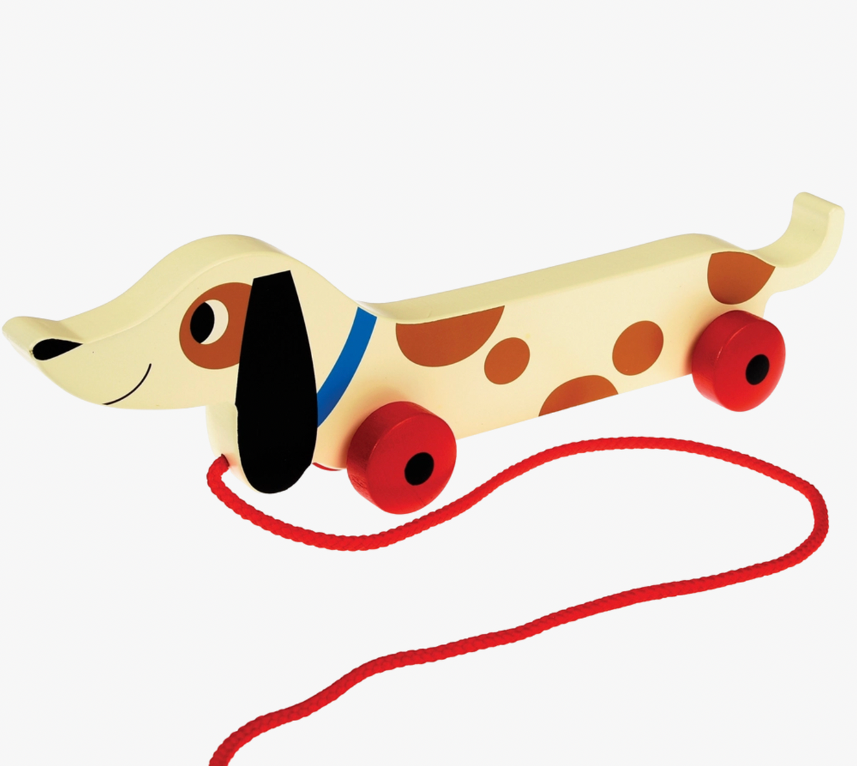 Rex London Charlie wooden sausage dog pull-along toy for children aged 12 months and over, with a long body and pull string.⠋