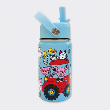 Rachel Ellen On the Farm sky-blue water bottle showing pink pigs riding a red tractor, a black-and-white striped cat on its roof and yellow birds above; raised blue straw, matching carry handle and silver lid pivot.