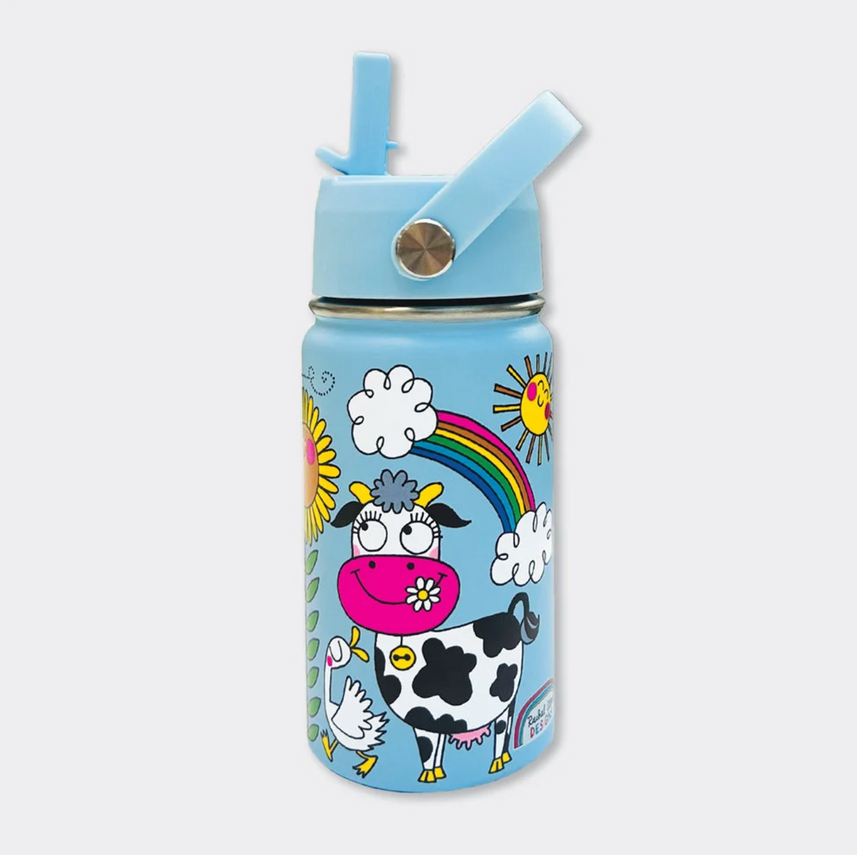 Rachel Ellen On the Farm sky-blue kids water bottle with raised straw and angled carry handle on silver pivots; black-and-white cow with pink muzzle, white bird, rainbow, clouds, sun and partial Rachel Ellen Designs logo.
