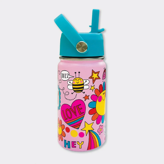 Rachel Ellen Bee Happy pink water bottle with turquoise raised straw and angled carry handle on a silver pivot; smiling striped bee with BUZZ speech bubble, LOVE heart, HEY lettering, rainbow stars and multicoloured flower.