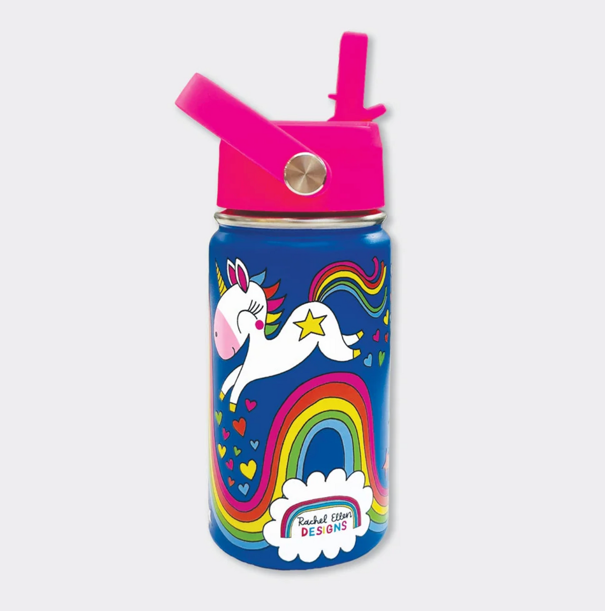 Rachel Ellen Unicorn cobalt-blue kids bottle with fuchsia-pink raised straw and carry handle; white leaping unicorn with pink muzzle, yellow horn and star, rainbow mane and tail, rainbow arches and Rachel Ellen Designs logo inside a white cloud.