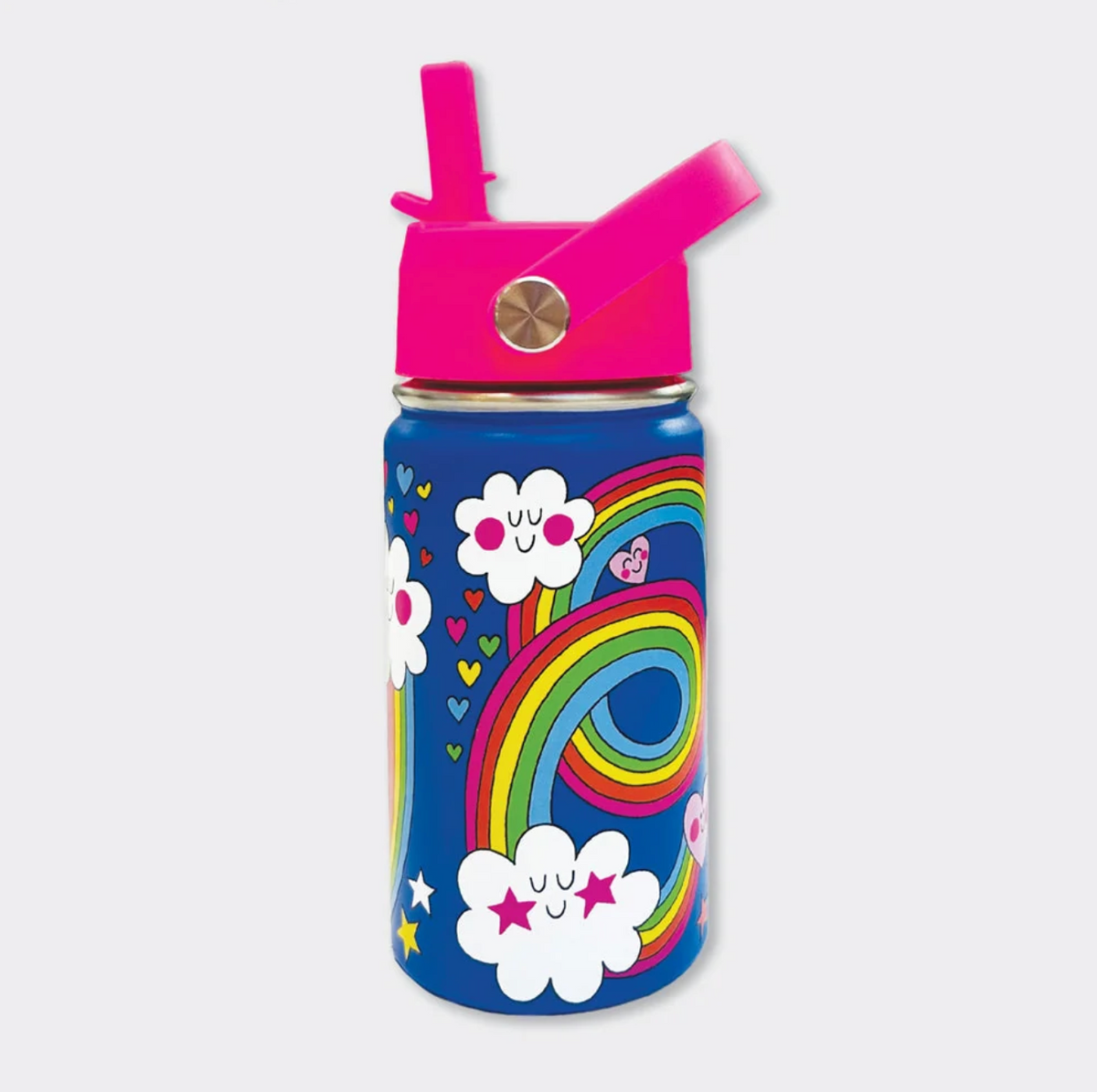 Reverse of Rachel Ellen Unicorn cobalt-blue water bottle with fuchsia-pink raised straw and angled carry handle on a silver pivot; looping rainbow stripes, smiling white clouds with pink cheeks and stars, and small multicoloured hearts.