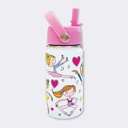 Rachel Ellen Ballet bottle reverse on white background, with pink raised straw and handle above a white body; blonde dancer leaping in blue top and pink skirt, orange-haired dancer in pink and lilac, plus pink hearts, yellow stars and black musical notes.