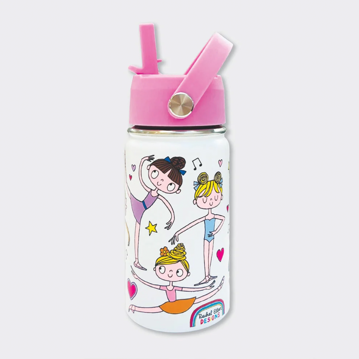 Rachel Ellen Ballet white kids water bottle with pink raised straw and angled handle on silver pivot; brunette dancer in lilac, blonde dancer in blue and blonde dancer in orange skirt, with hearts, musical notes, yellow star and Rachel Ellen Designs rainbow logo.