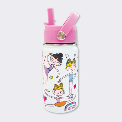 Rachel Ellen Ballet white kids water bottle with pink raised straw and angled handle on silver pivot; brunette dancer in lilac, blonde dancer in blue and blonde dancer in orange skirt, with hearts, musical notes, yellow star and Rachel Ellen Designs rainbow logo.