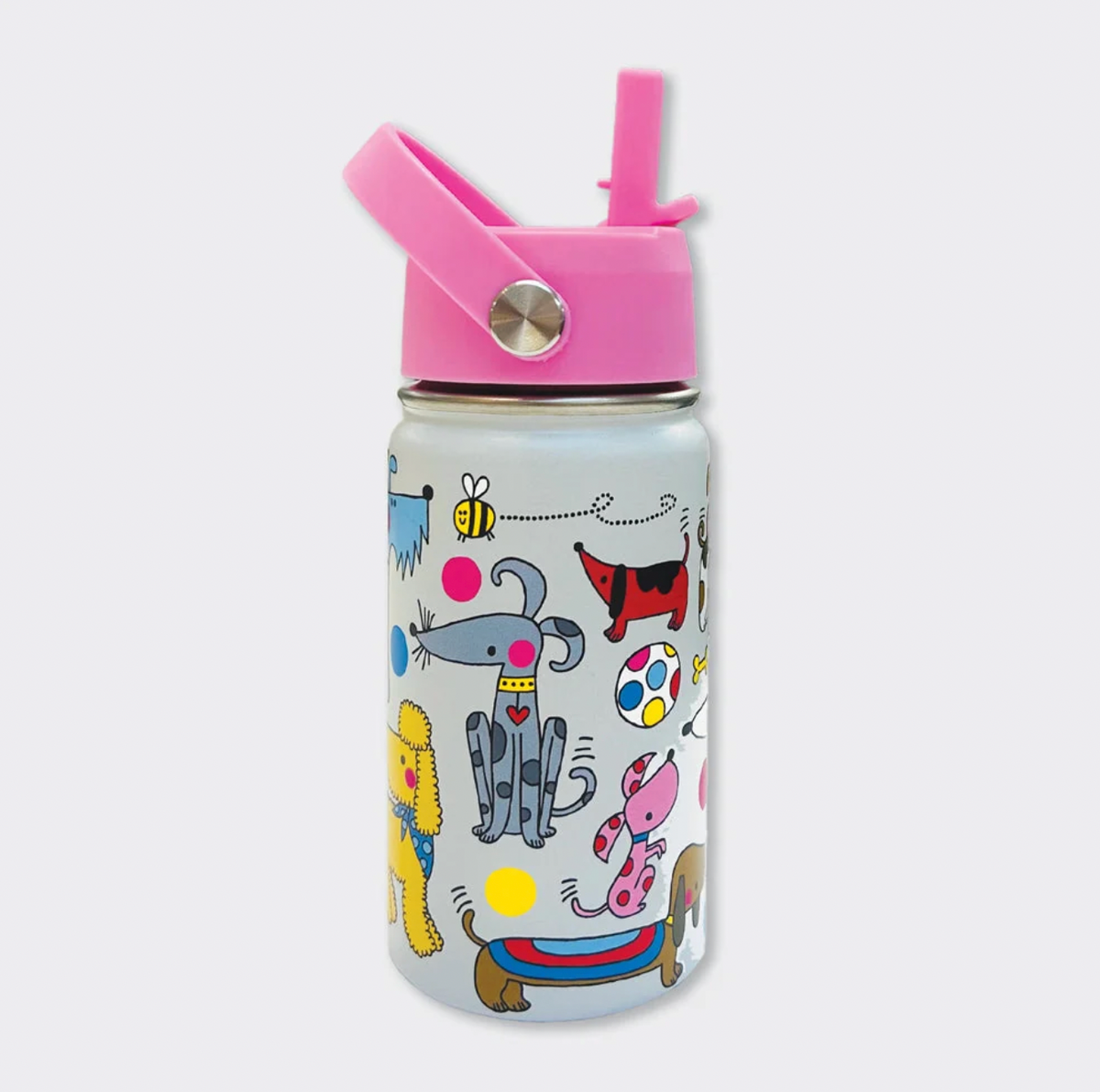 Reverse of Rachel Ellen Dogs white bottle with pink straw lid and carry handle; grey spotted dog with yellow collar and red heart, red-and-black dog, pink spotted dog, yellow poodle, long sausage dog, striped bee and dotted flight trail.