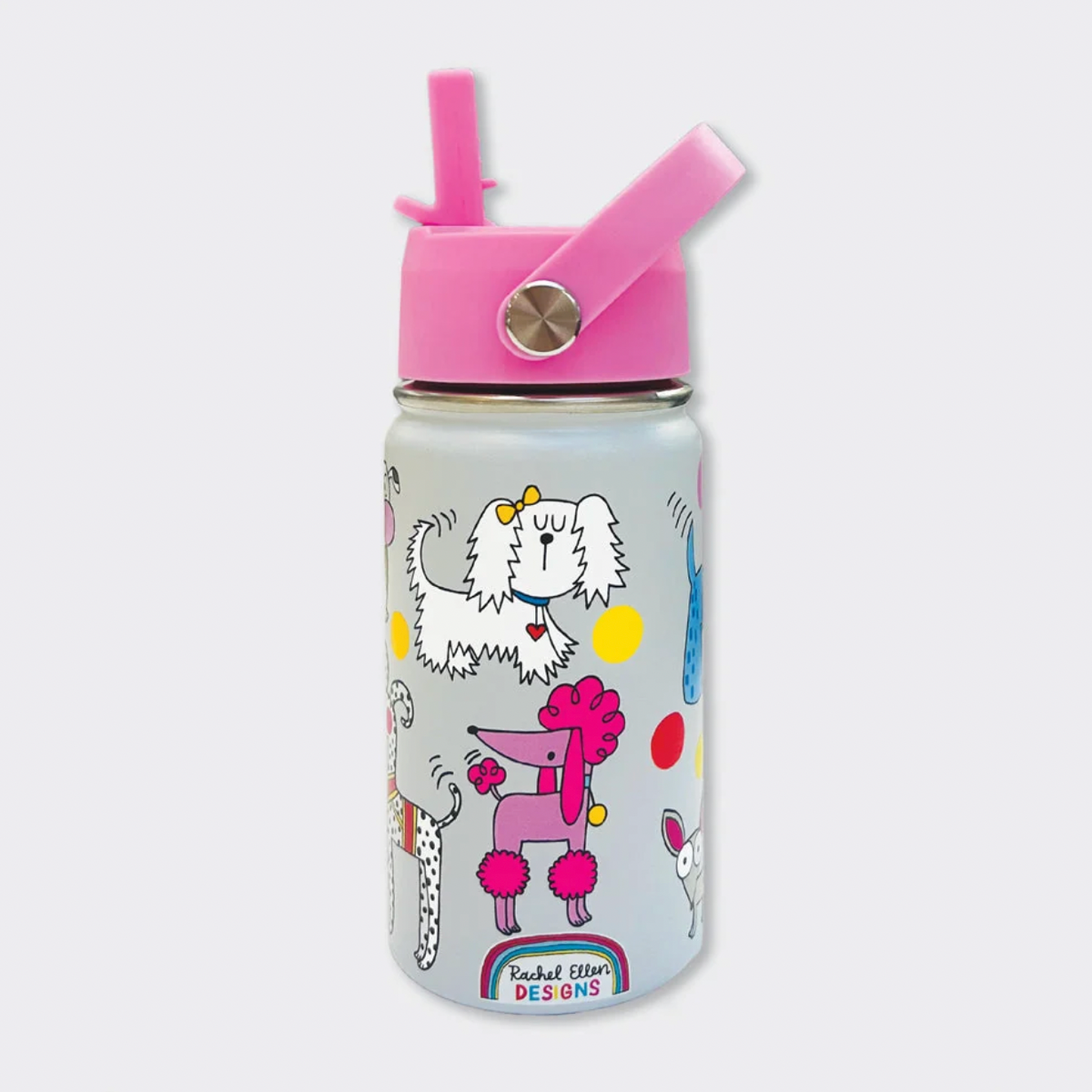 Rachel Ellen Dogs white water bottle with pink raised straw and angled carry handle on silver pivot; shaggy white dog with yellow bow above pink poodle, coloured spots, partial spotted dog and Rachel Ellen Designs rainbow logo near base.