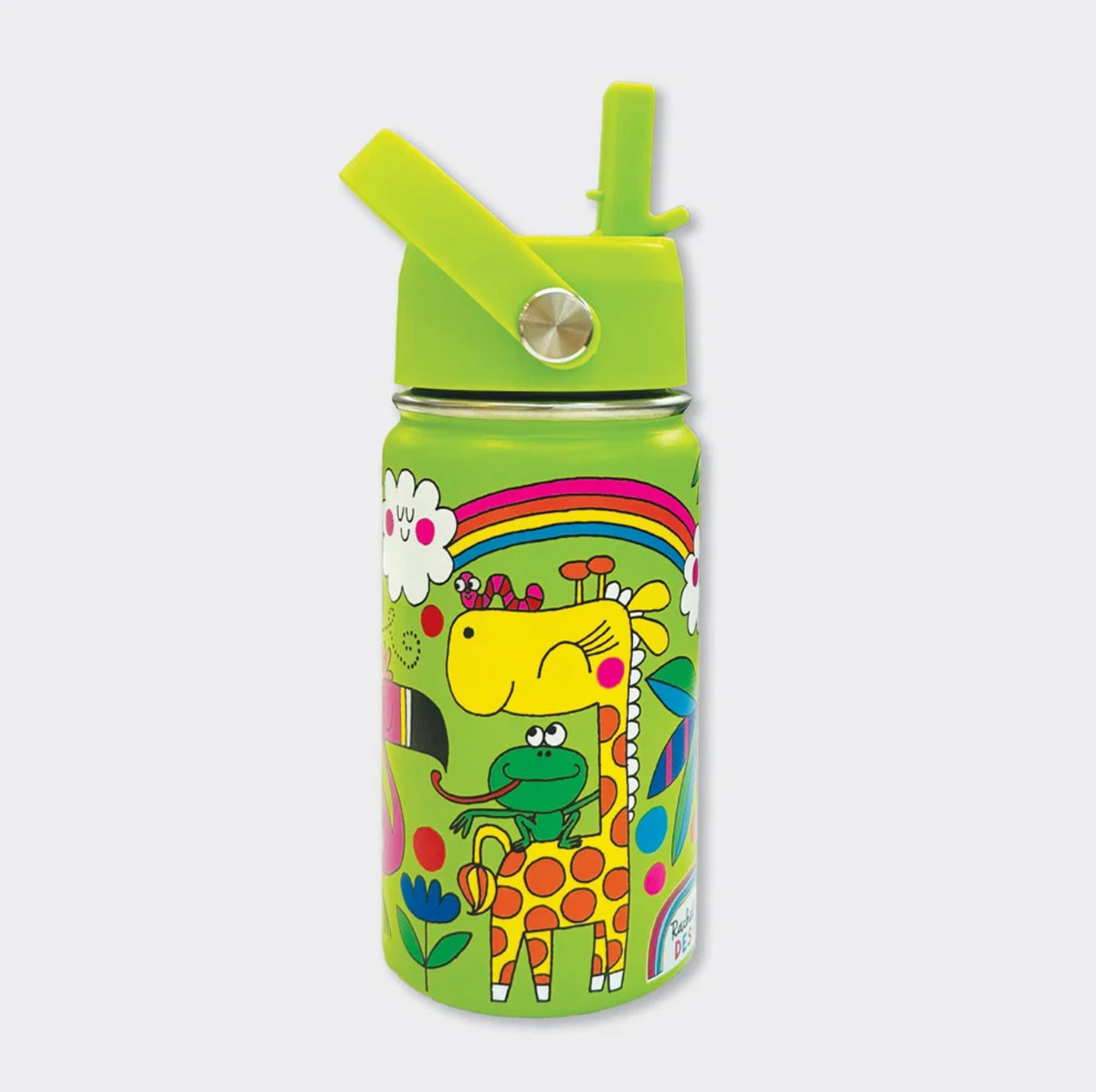Rachel Ellen Jungle lime-green kids bottle with raised straw and angled green handle on a silver pivot; yellow giraffe with orange spots, green frog, pink worm, rainbow, smiling clouds, blue flower and partial Rachel Ellen Designs logo.