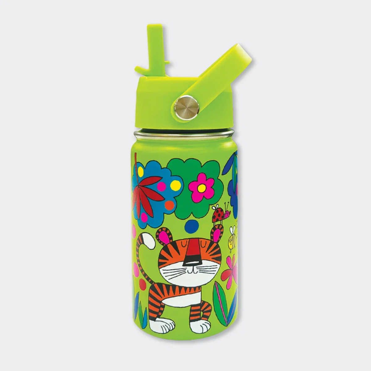 Reverse of Rachel Ellen Jungle lime-green bottle with raised straw and carry handle; orange-and-black striped tiger with white muzzle and paws, red ladybird above its ear, colourful flowers, foliage and bright circular spots.