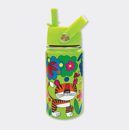Reverse of Rachel Ellen Jungle lime-green bottle with raised straw and carry handle; orange-and-black striped tiger with white muzzle and paws, red ladybird above its ear, colourful flowers, foliage and bright circular spots.