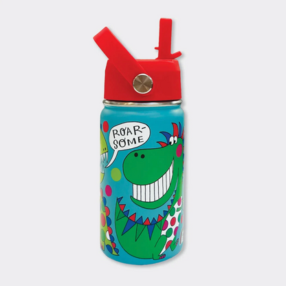 Rachel Ellen Dinosaur turquoise water bottle on a pale background, with bright red raised straw and carry handle on a circular silver pivot; smiling green dinosaur with broad white teeth, pink cheek, red and blue spikes, spotted white belly and ROAR-SOME speech bubble.