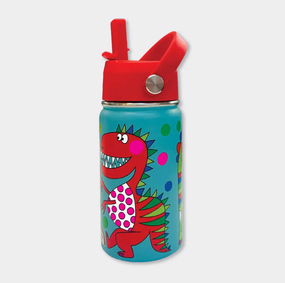 Reverse of Rachel Ellen Dinosaur turquoise bottle with raised red straw and angled red carry handle; red dinosaur with white pointed teeth, pink cheek and pink-spotted white belly, green and lime body stripes, multicoloured back spikes and scattered coloured dots.