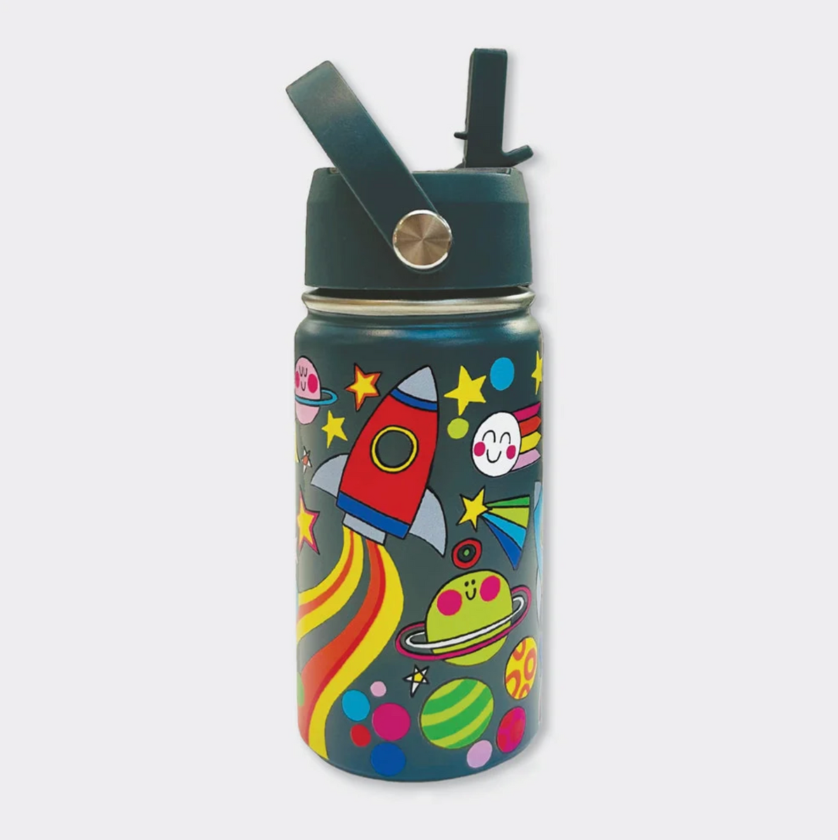 Rachel Ellen Space dark navy kids water bottle on a pale background, with raised dark straw and angled carry handle on a round silver pivot; red rocket with grey fins and yellow-red flame trails, smiling ringed lime planet, colourful planets, yellow stars and smiling white comet.