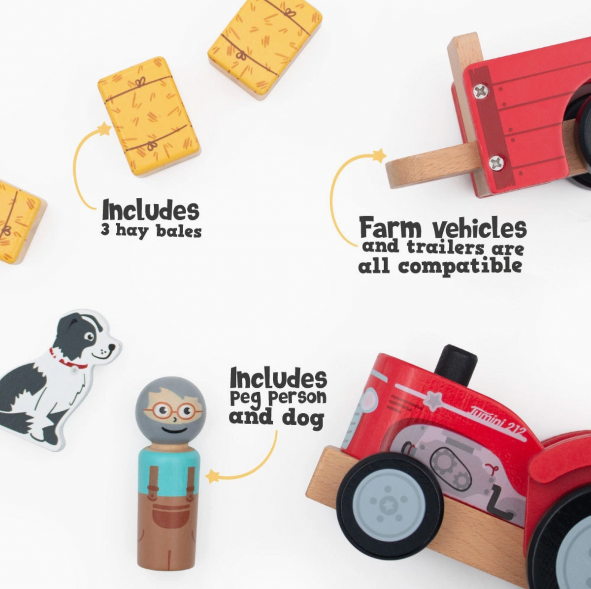 Jumini tractor feature graphic on white with yellow arrows: three yellow wooden bales with printed straw and tied-cord details, red trailer coupling, farmer and black-and-white dog, and cropped red tractor; text reads Includes 3 hay bales, Farm vehicles and trailers are all compatible, and Includes Peg Person and dog.