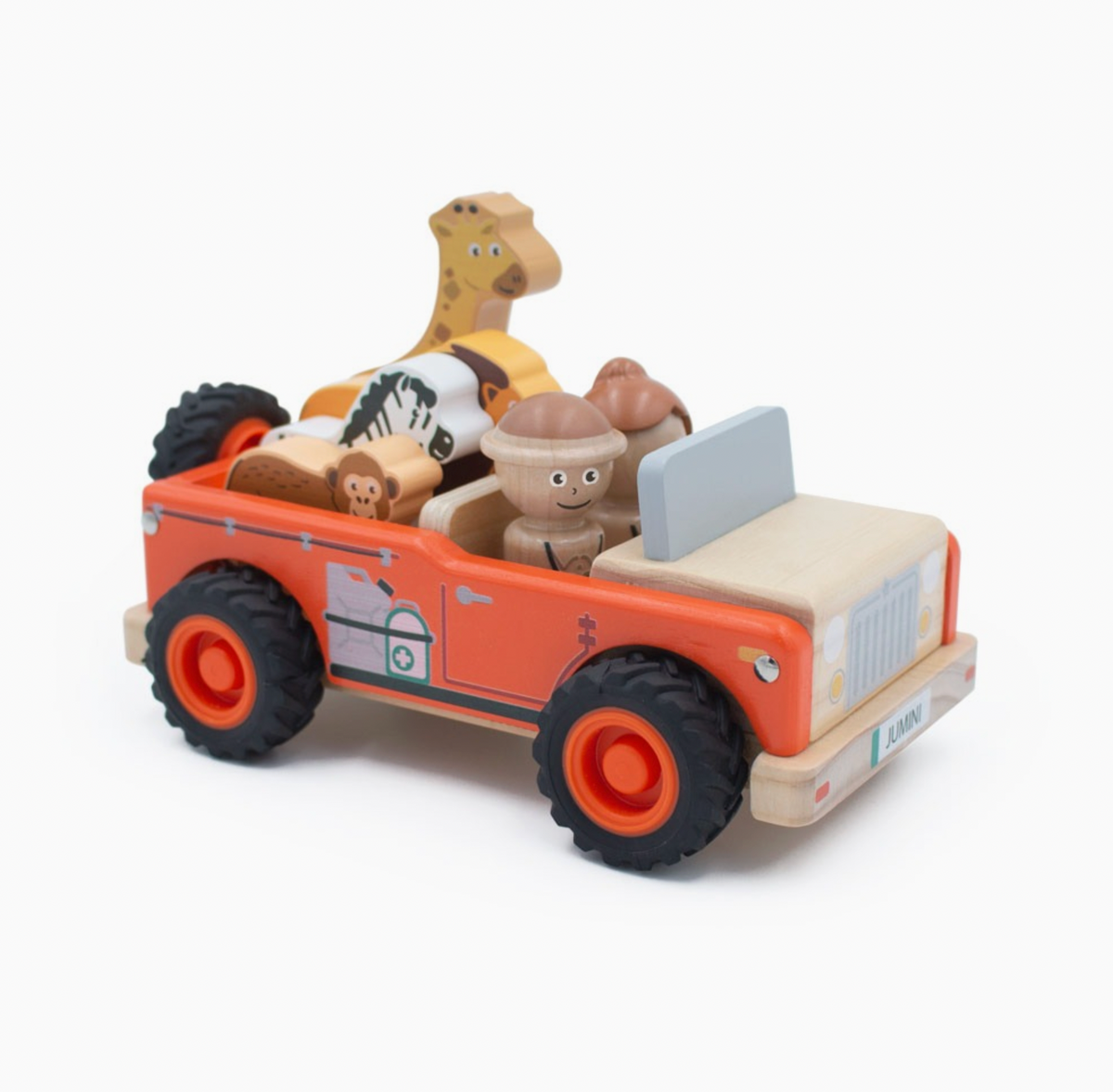 Jumini orange wooden safari jeep on white background, loaded with giraffe, zebra, lion, monkey and two safari figures; natural-wood bonnet and bumpers, pale-grey upright windscreen, black treaded wheels with orange hubs, rear spare wheel, printed side equipment, silver grille and JUMINI front plate.