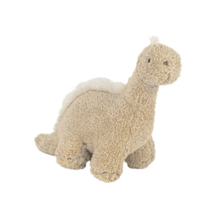 Happy Horse Dinosaur Dingo No. 1 oatmeal-beige soft toy standing in three-quarter view facing right on a white background; dense curly plush covers rounded body, long upright neck, rounded muzzle and four short legs. Small dark eyes and subtle stitched facial details, short tail extending left, fluffy cream ridge along the back and small cream tuft on top of the head.