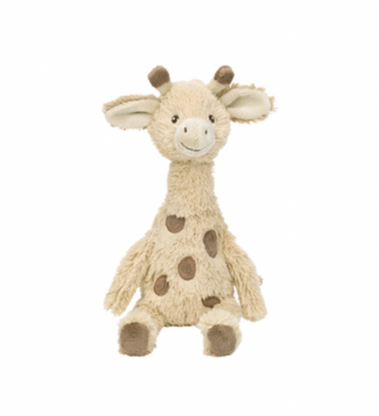 Happy Horse Giraffe Gus No. 2 beige plush soft toy seated facing forward on a white background; softly textured fur, long upright neck, wide cream-lined ears, two brown-tipped horns, dark eyes and cream muzzle with stitched nostrils and curved smile. Taupe-brown patches on chest and belly, long arms at sides and matching brown foot pads.
